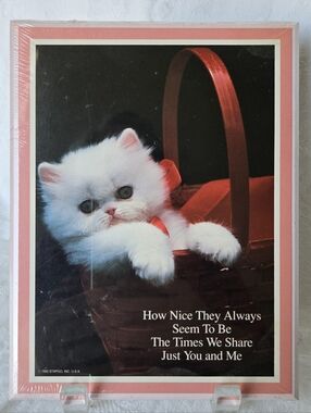 Vintage White Kitten in Red Basket Art Print